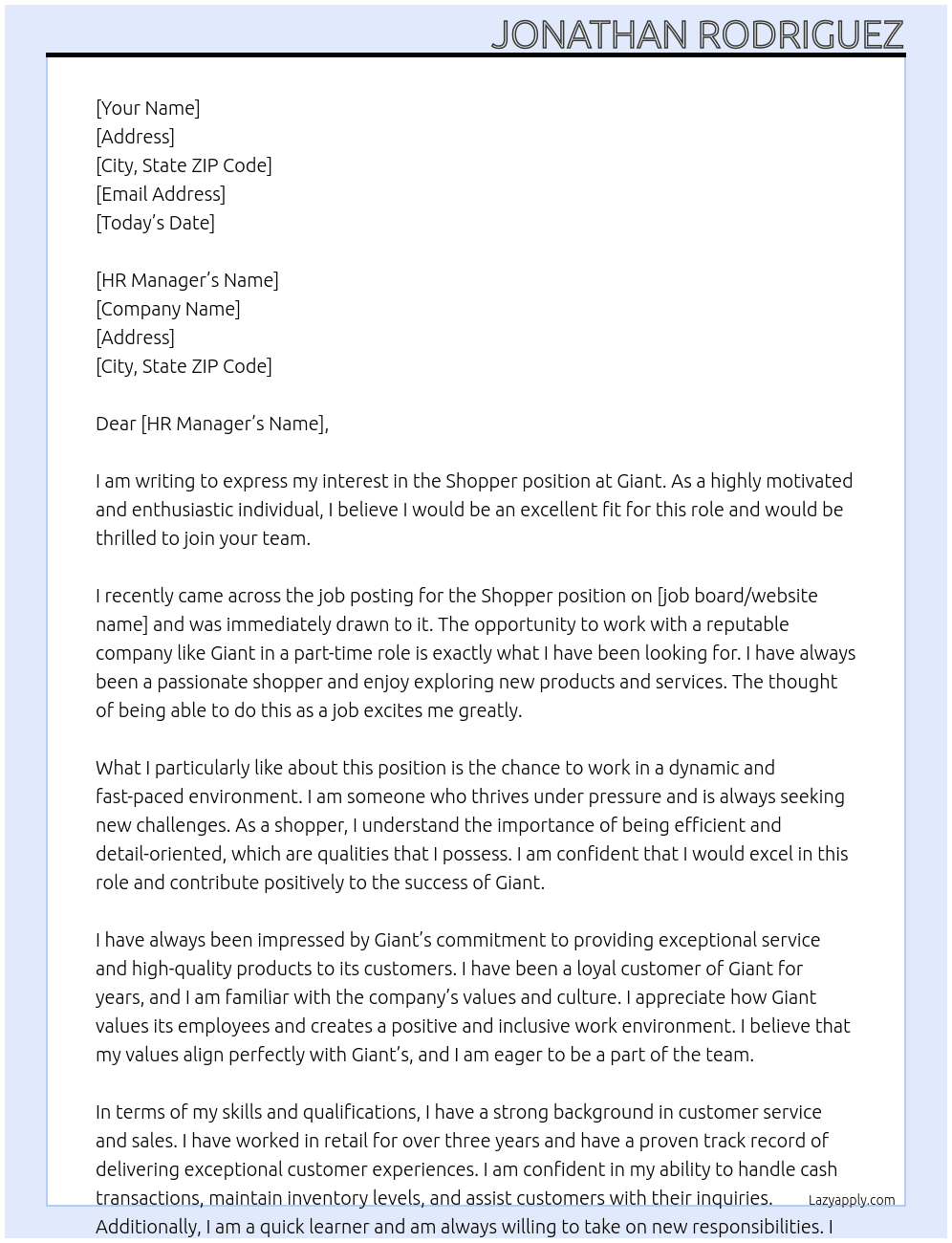Shopper At Giant Cover Letter