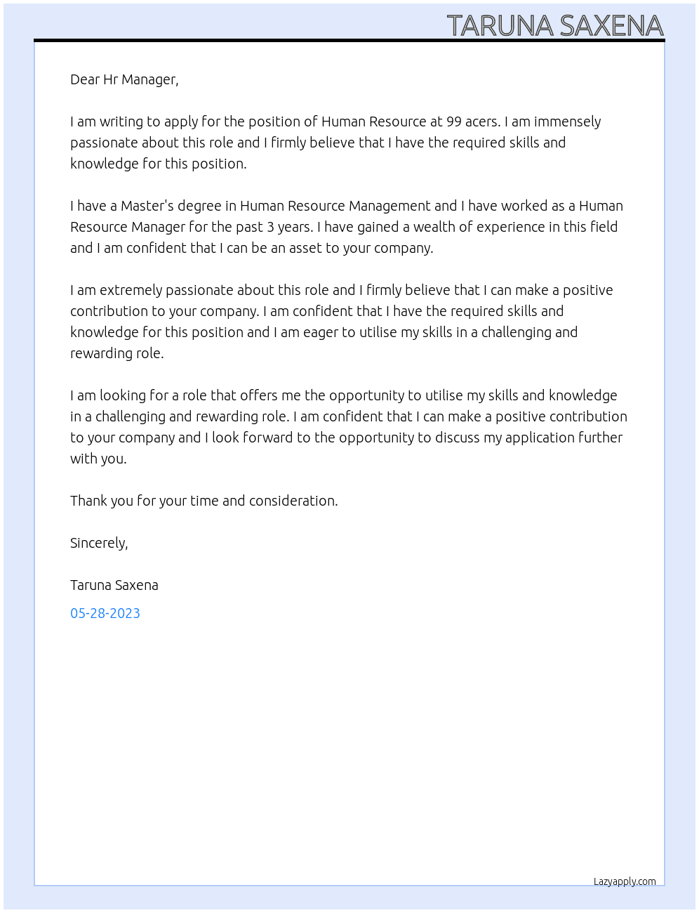 Human Resource  At 99 acers Cover Letter