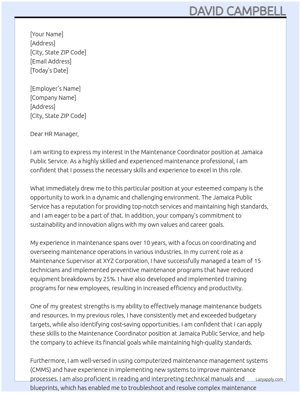 Maintenance Coordinator  At Jamaica Public Service  Cover Letter
