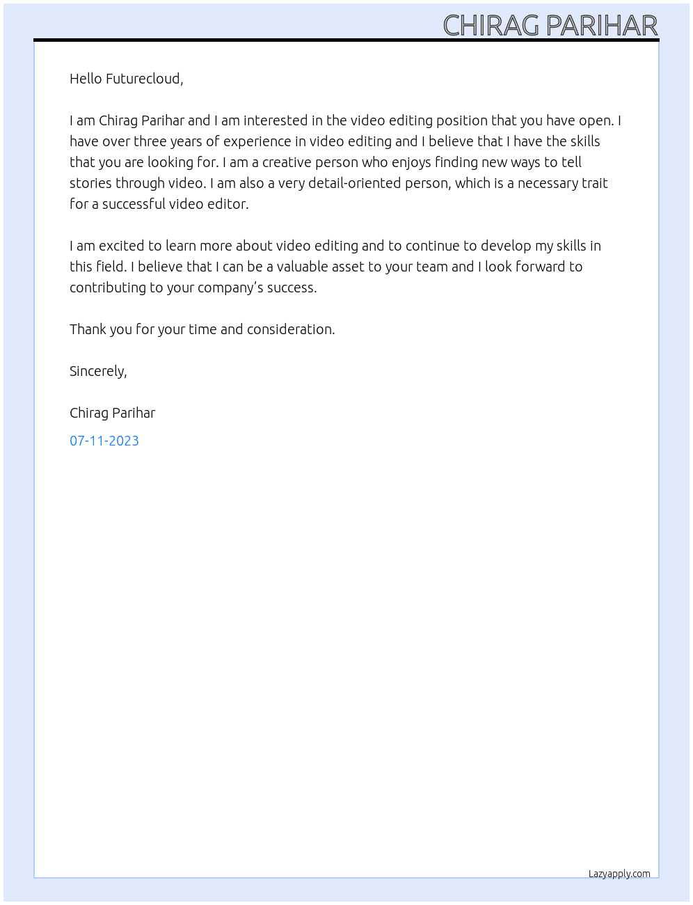 video editing  At Futurecloud Cover Letter