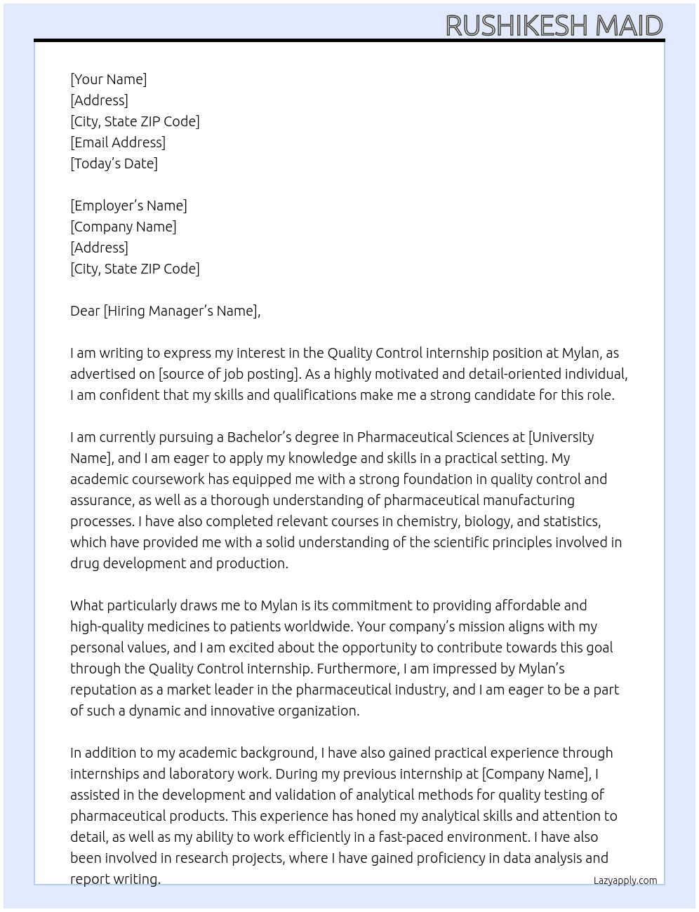 Quality Control internship At Mylan Cover Letter
