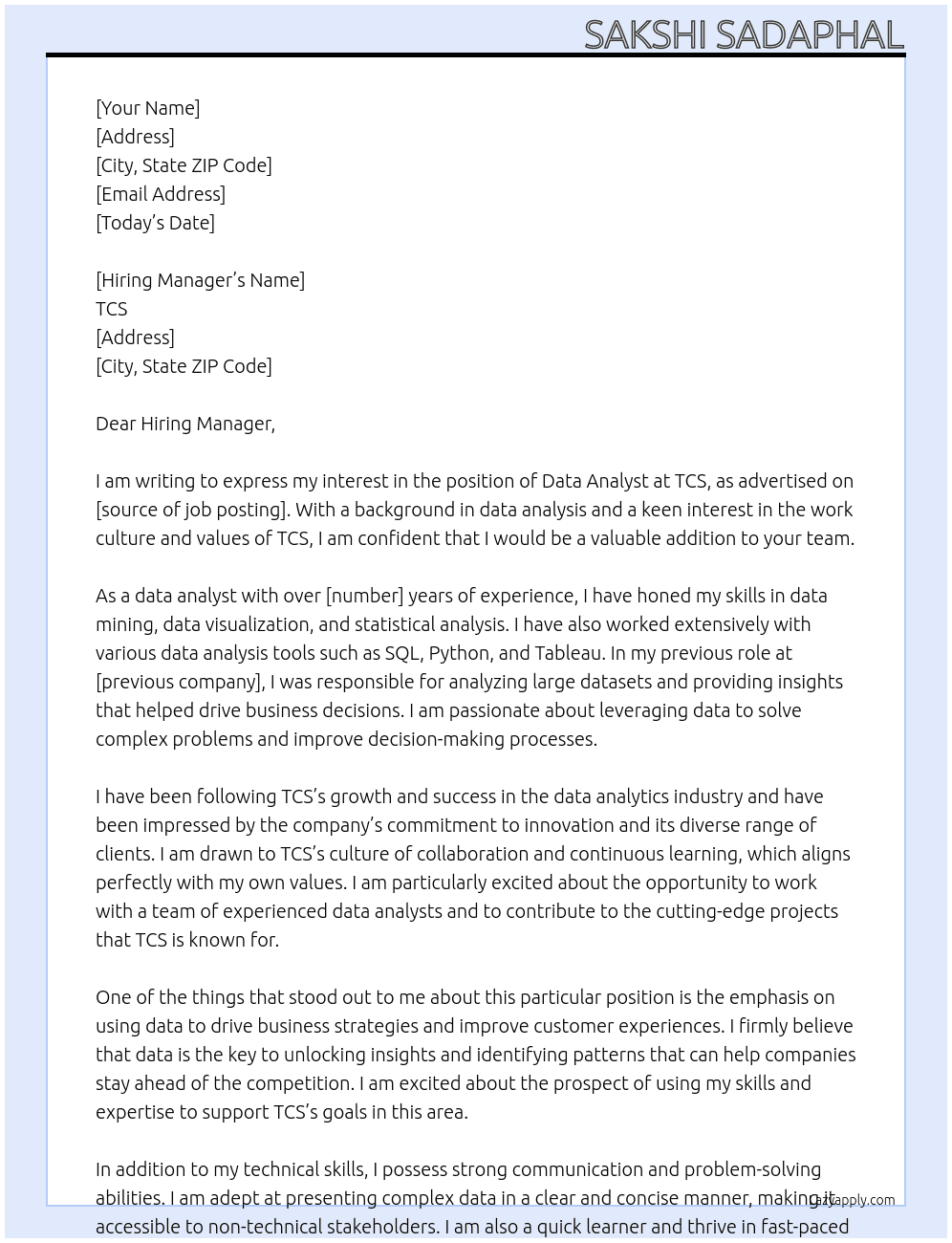 Data analysts At Tcs Cover Letter