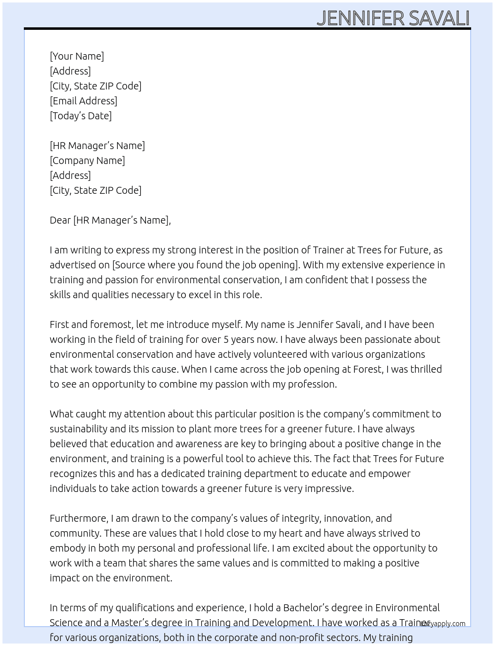 Trainer at trees for future  At Forest  Cover Letter