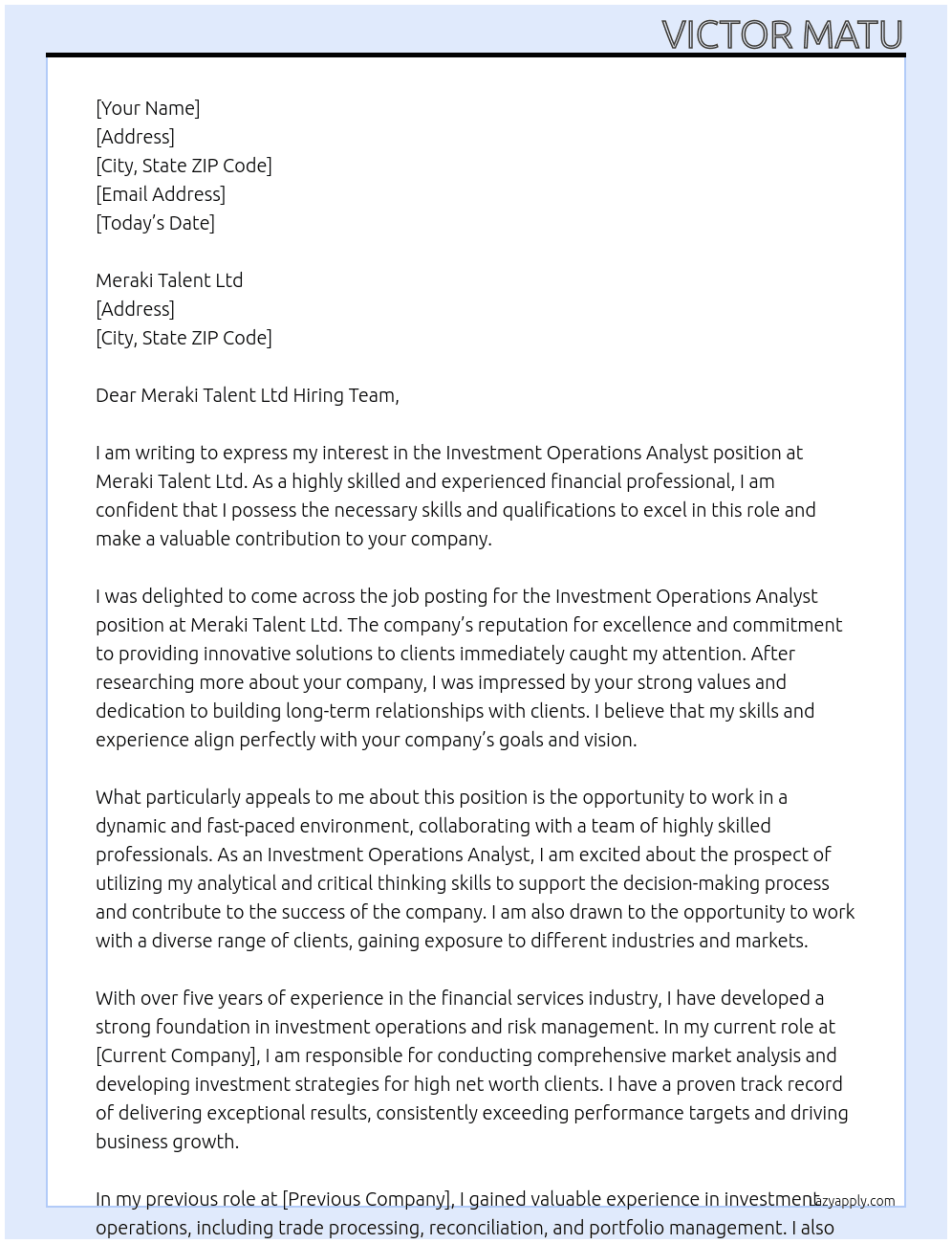Investment Operations Analyst At Meraki Talent Ltd Cover Letter
