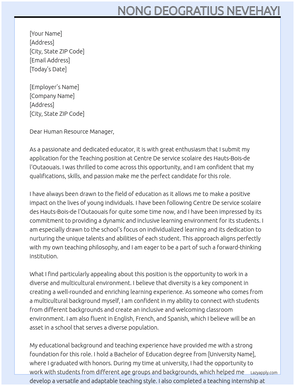 Teaching At Centre De service scolaire des Hauts-Bois-de l'Outaouais Cover Letter