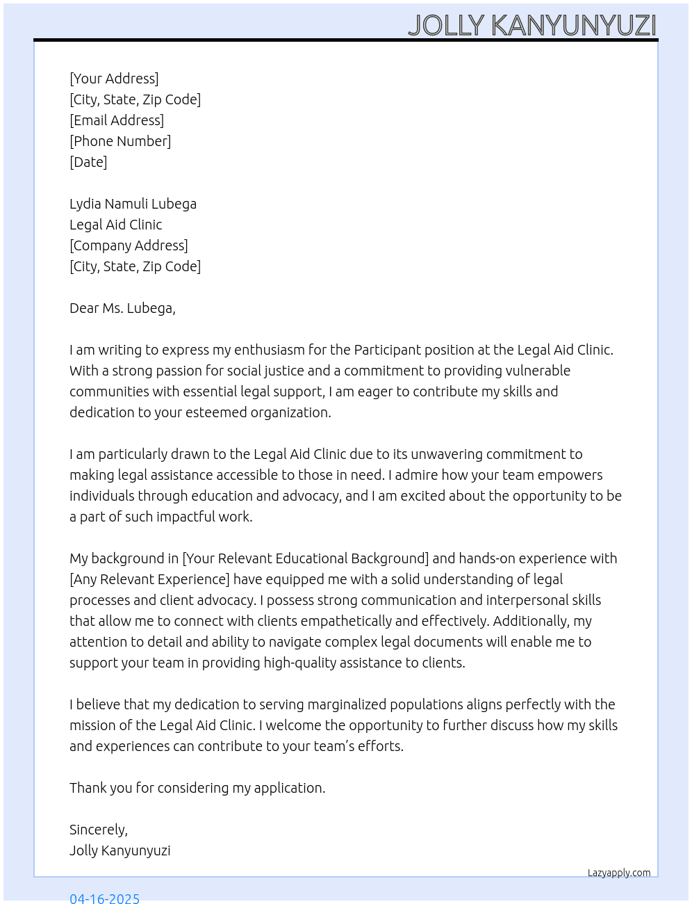 Cover letter for participant - LazyApply