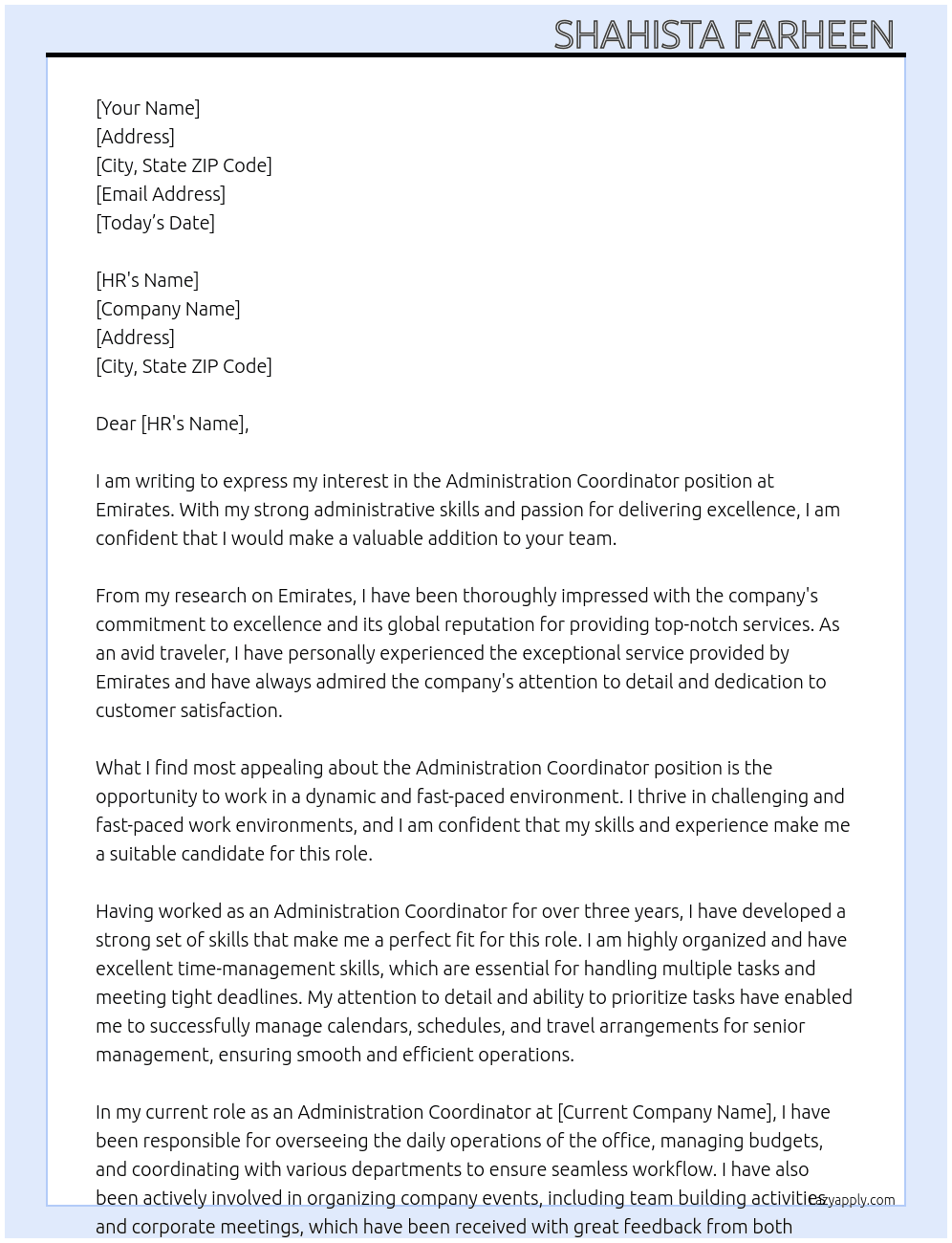 Administration coordinator At Emirates  Cover Letter