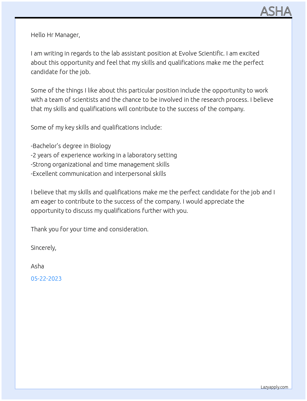 Lab assistant  At Evolve scientific  a nes firecroft company  Cover Letter
