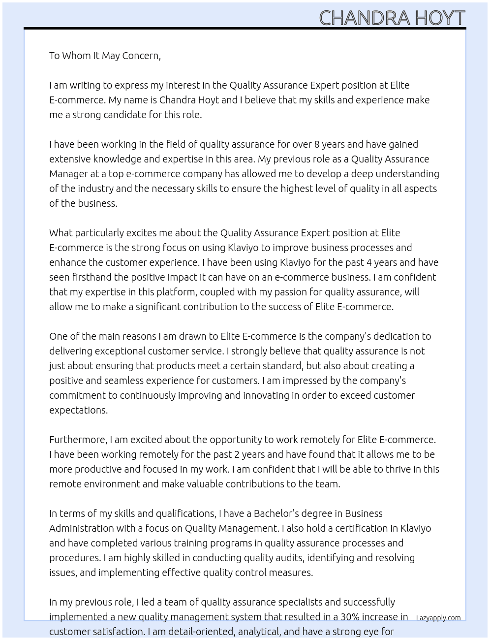 Quality Assurance Expert  At Elite E-commerce  Cover Letter