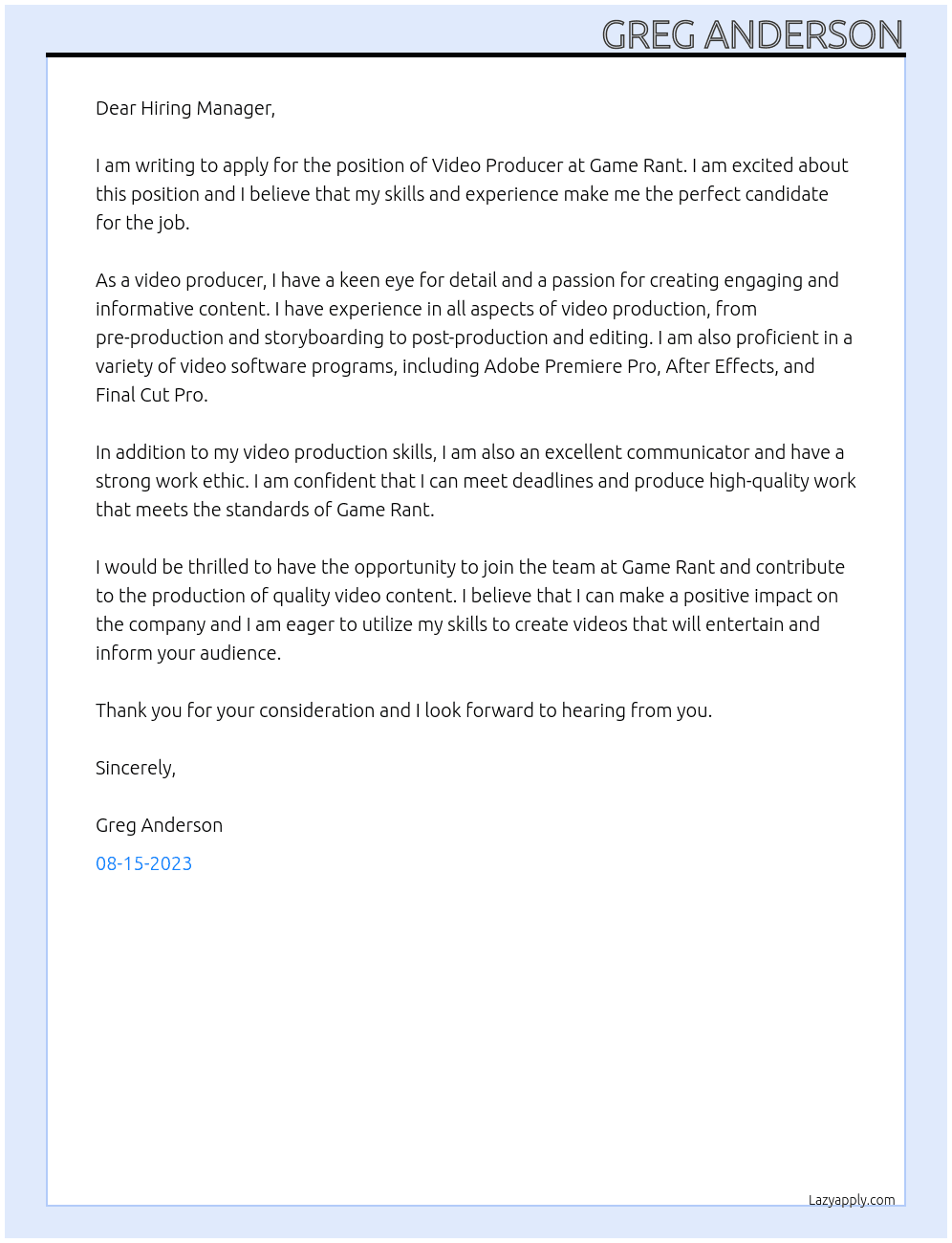 Video Producer At Game Rant Cover Letter