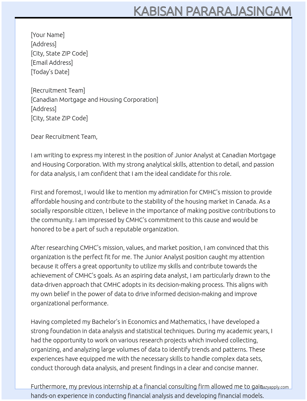 Junior Analyst At Canadian Mortgage and Housing Corporation Cover Letter