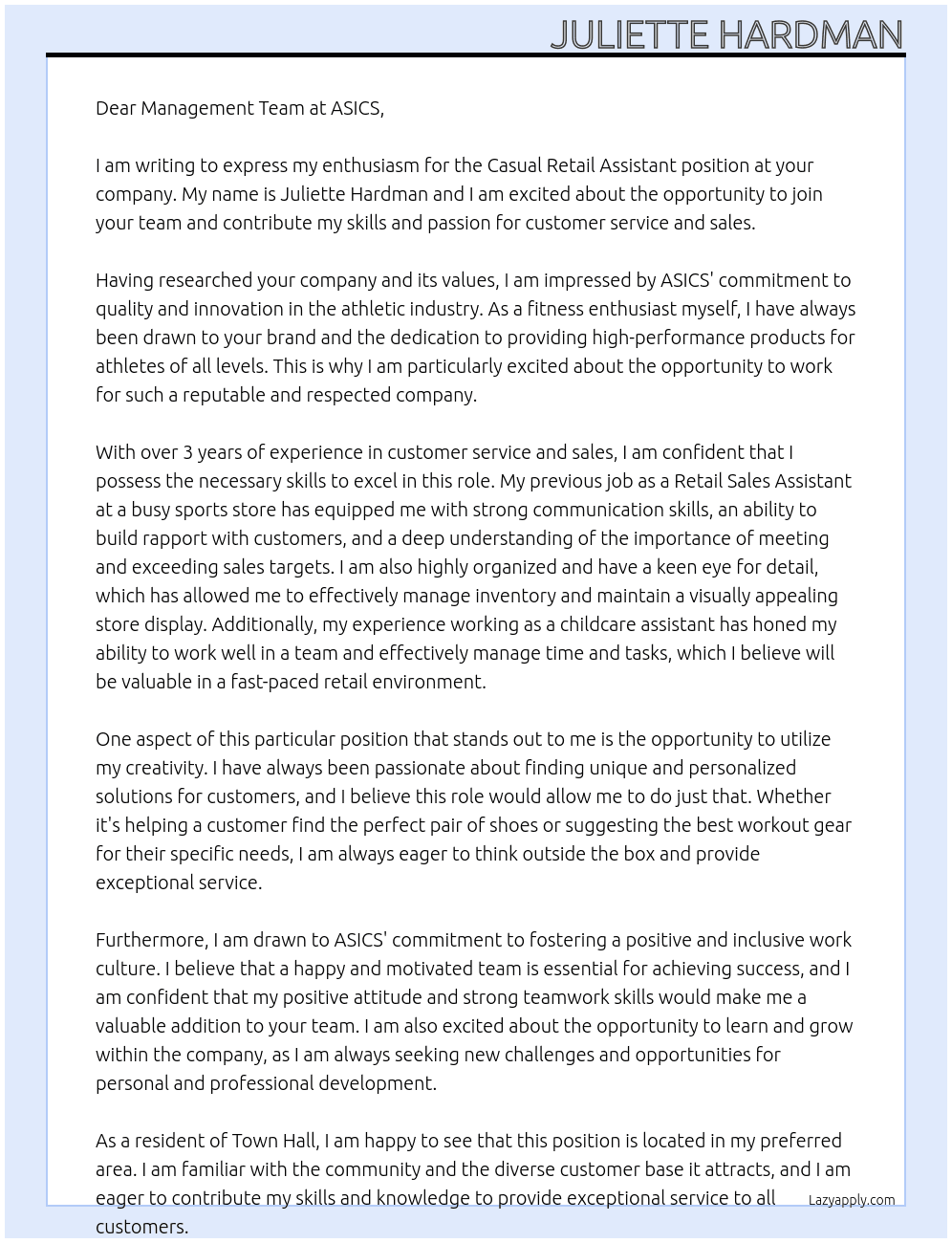 Casual Retail Assistant At ASICS Cover Letter