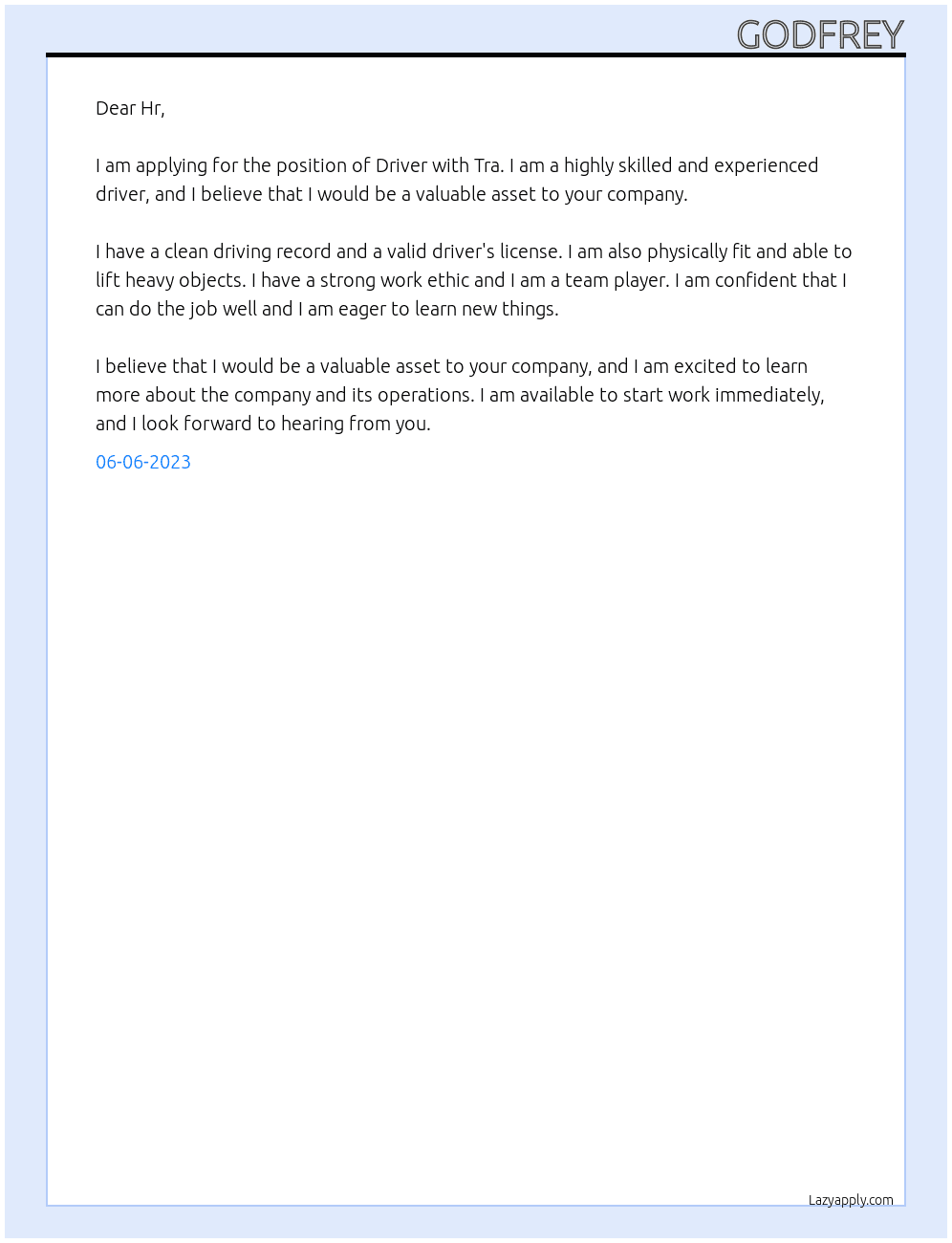 Driver At Tra Cover Letter