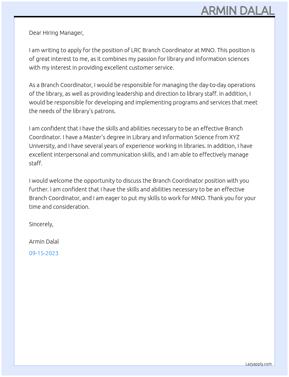 LRC Branch Coordinator  At MNO Cover Letter