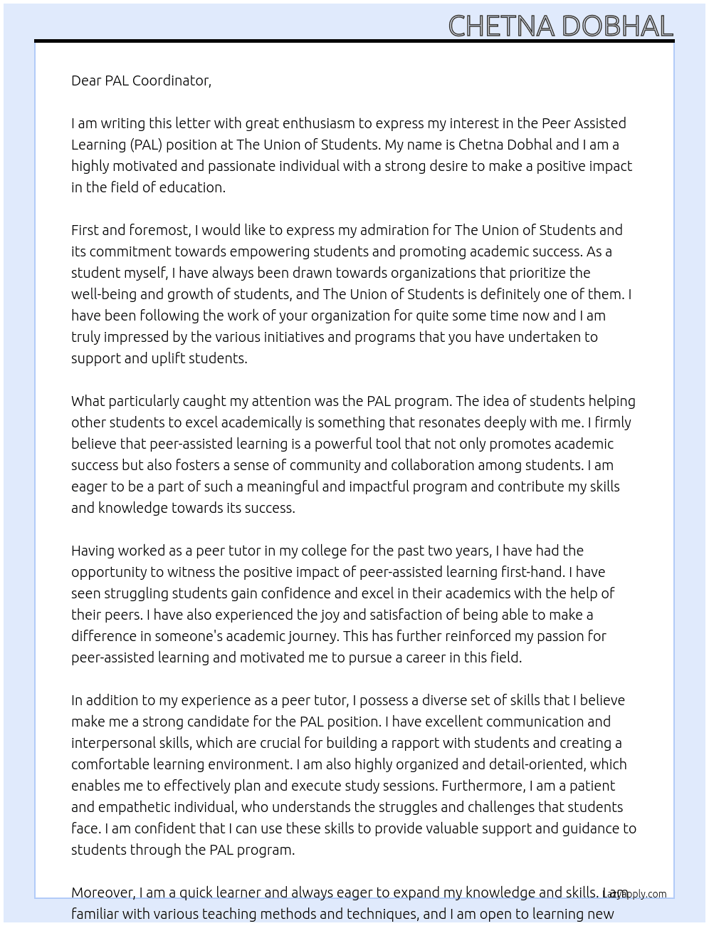 Peer Assisted Learning (PAL) At The Union of Students Cover Letter