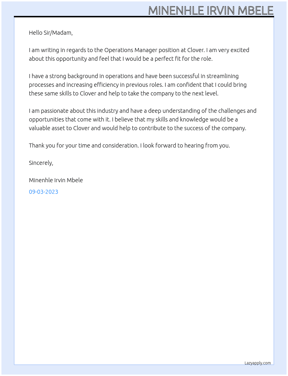 operations manager At clover Cover Letter