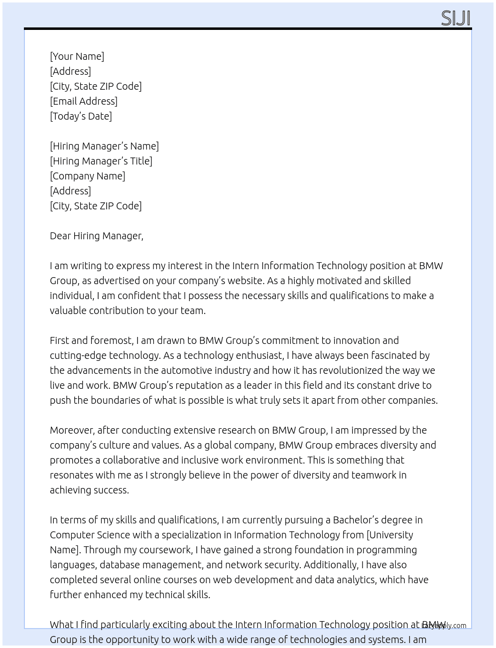 Intern Information Technology  At BMW Group Cover Letter