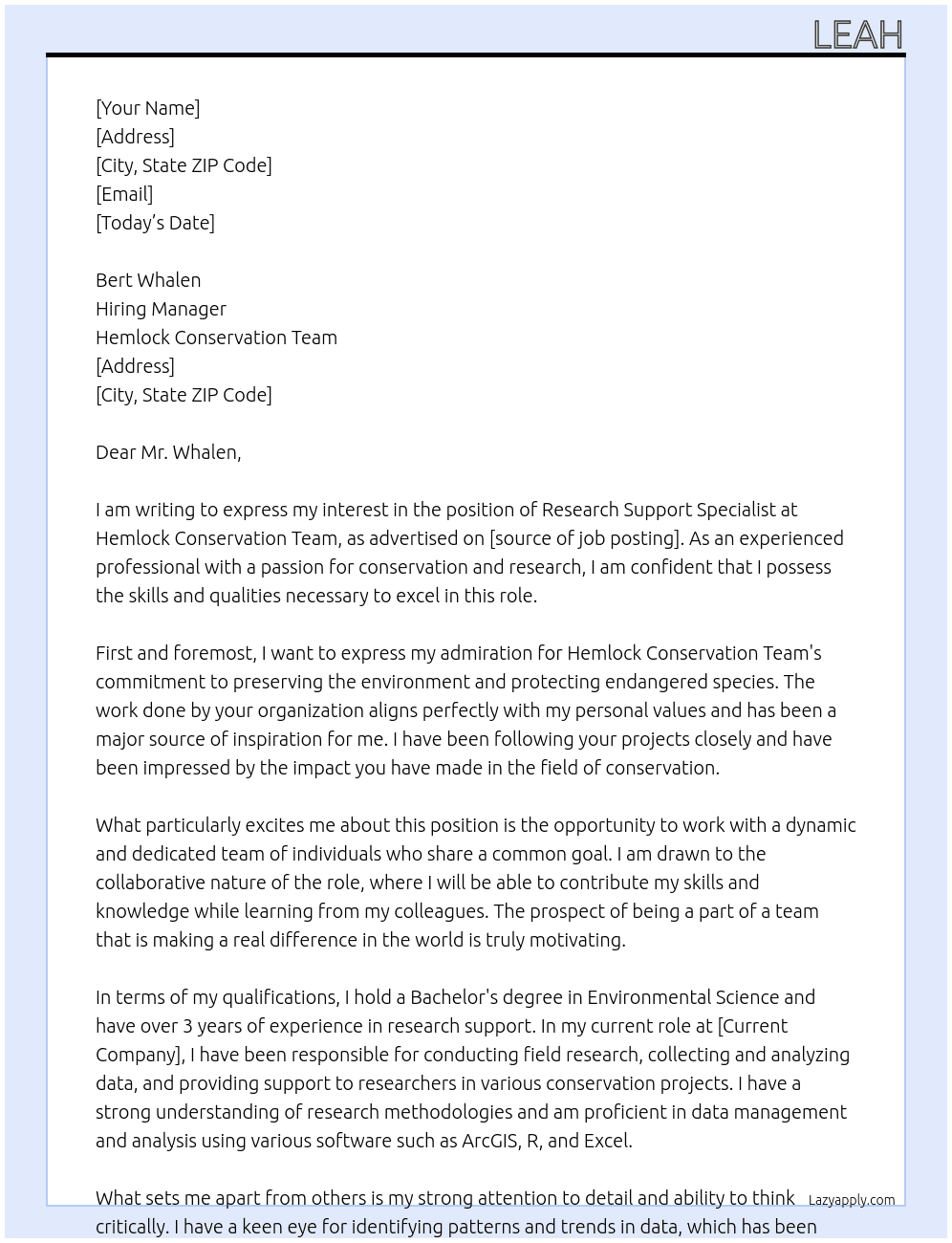 research support specialist At Hemlock Conservation Team Cover Letter