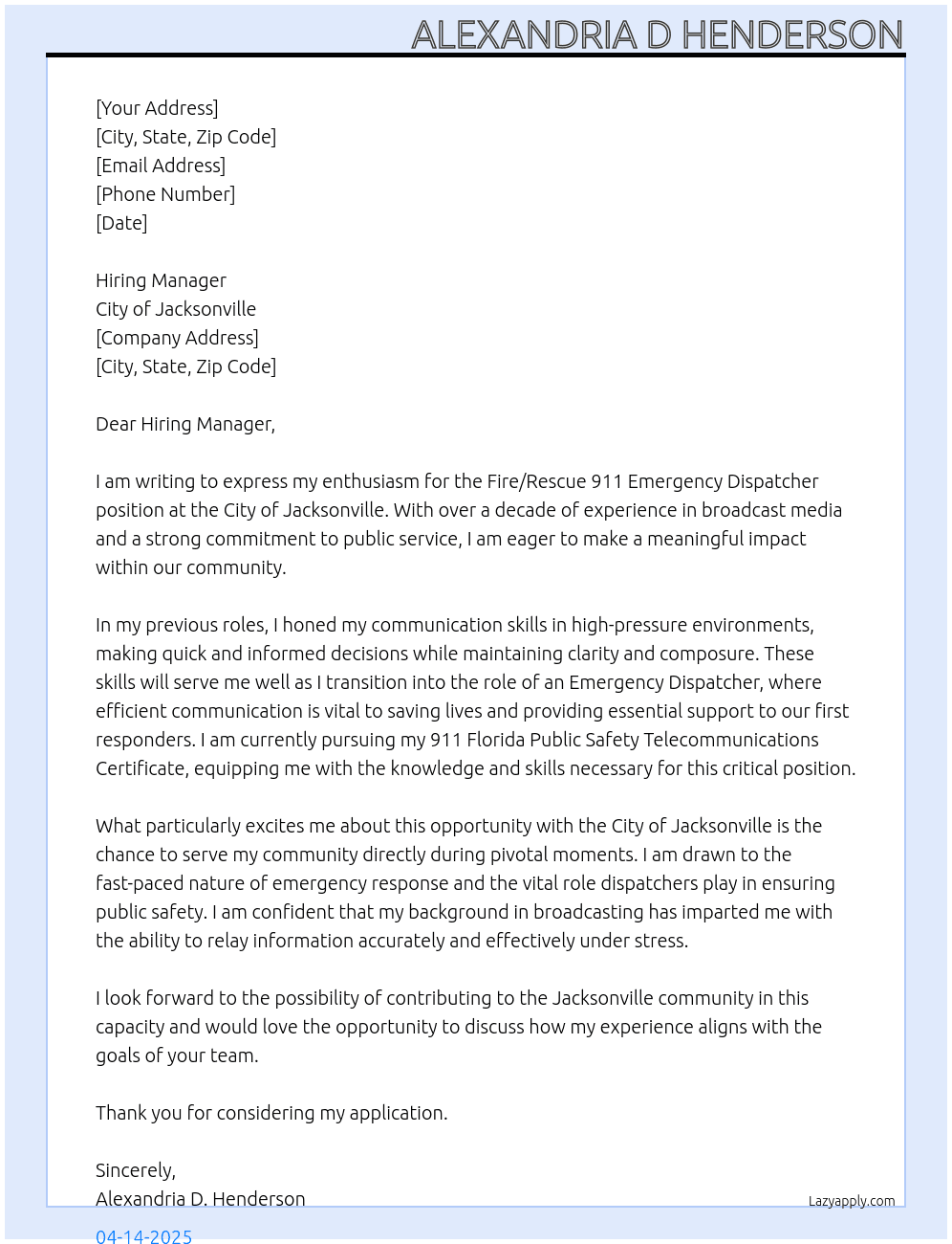 Fire/Rescue 911 Emergency Dispatcher/SPE At City of Jacksonville Cover Letter