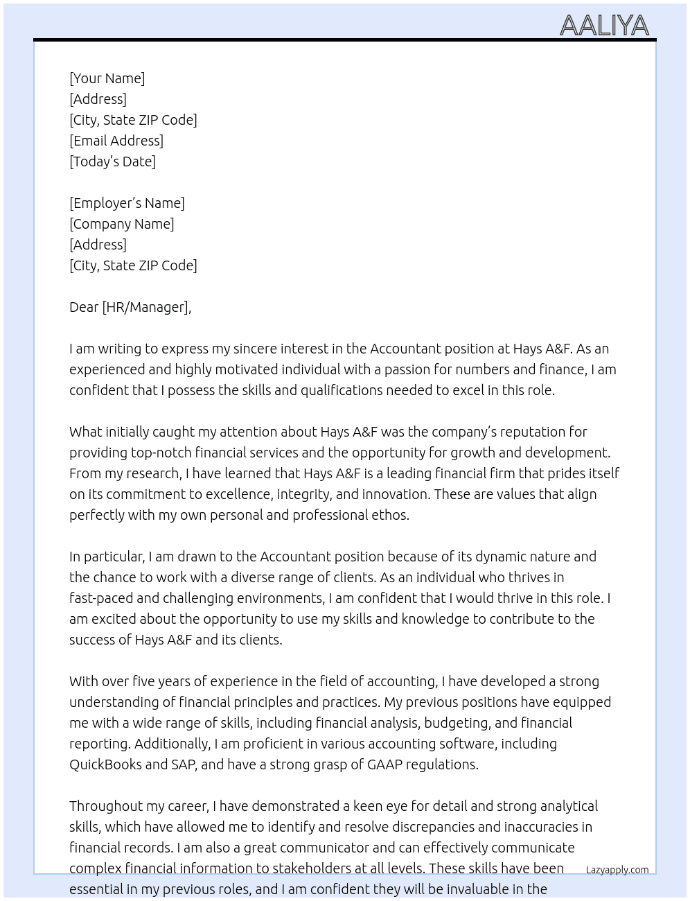 Accountant At Hays A&F Cover Letter