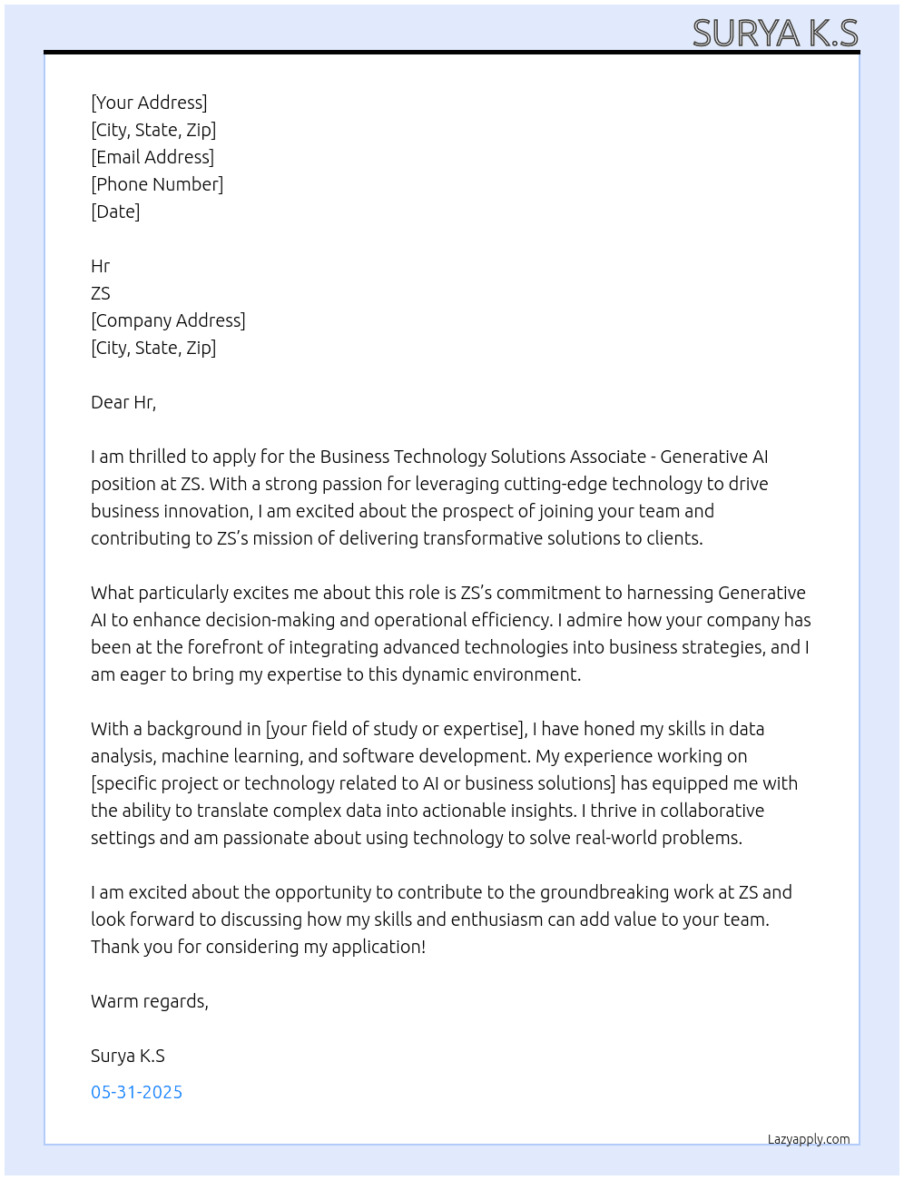 Business Technology Solutions Associate - Generative AI At ZS Cover Letter