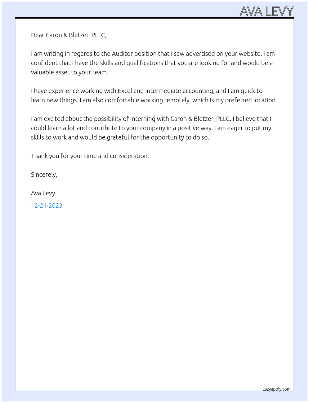 Auditor  At Caron & Bletzer, PLLC Cover Letter