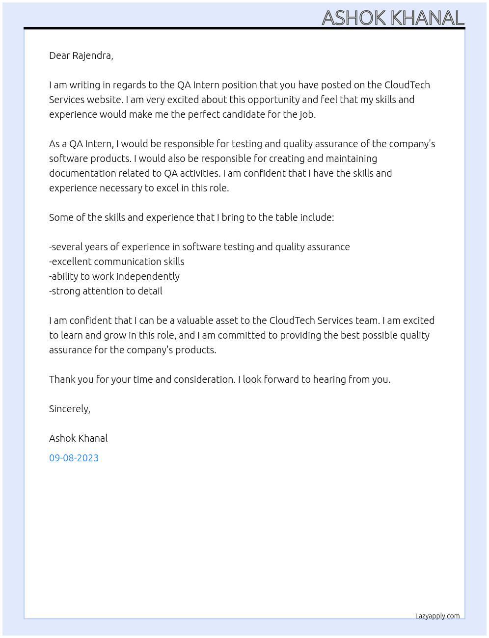QA Intern At CloudTech Services Cover Letter