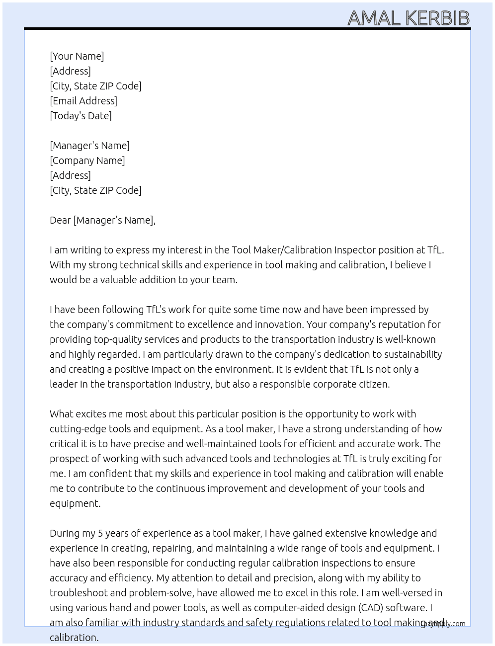 Tool maker/ Calibration inspector  At TfL  Cover Letter