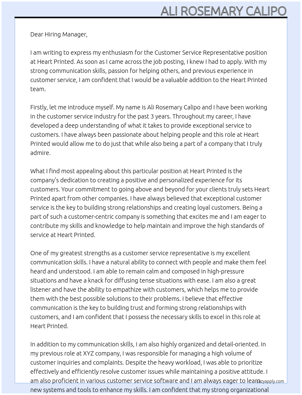 Customer service Representative  At Heart Printed Cover Letter