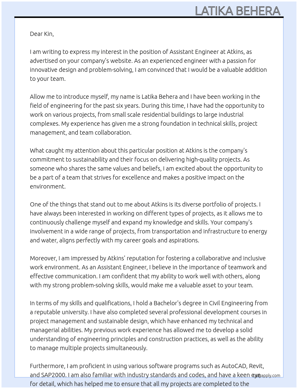Assistant Engineer  At Atkins  Cover Letter