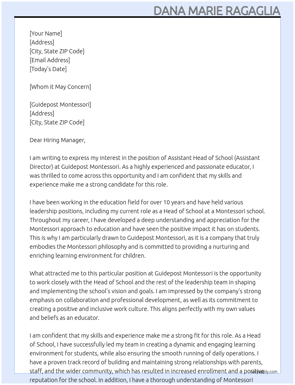 Assistant Head of School (Assistant Director) At Guidepost Montessori  Cover Letter
