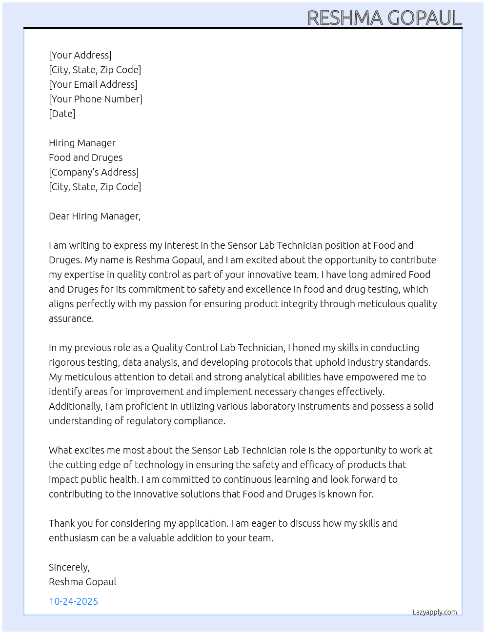 Cover letter for sensor lab techinican - LazyApply