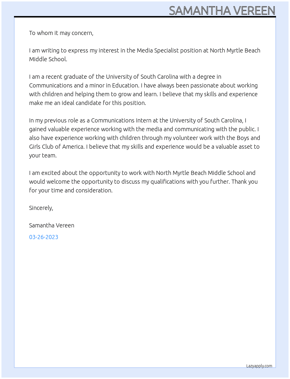 Media specialist At North Myrtle Beach Middle School Cover Letter
