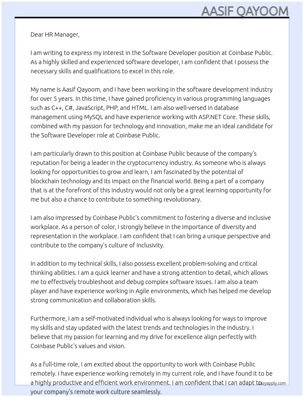 Software Developer At Coinbase Public Cover Letter