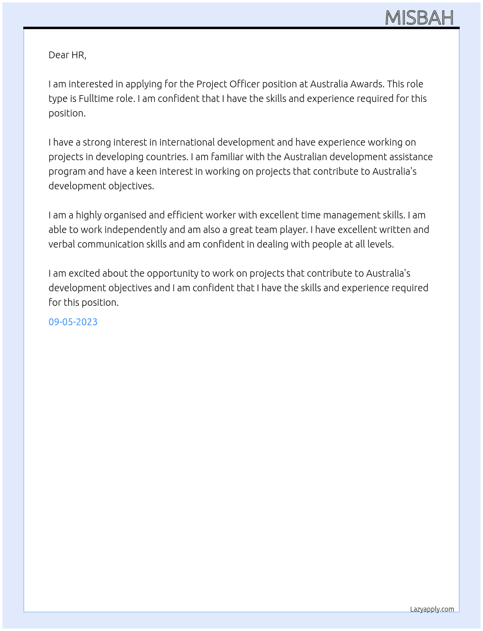 Project Officer  At Australia Awards Cover Letter