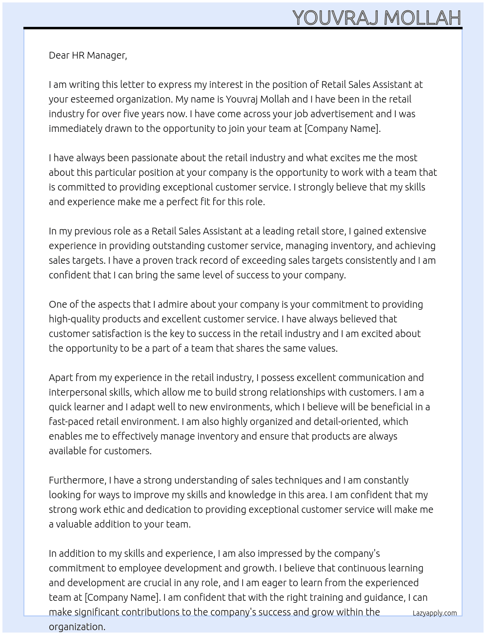 Retail sales assistant At Not mentioned Cover Letter