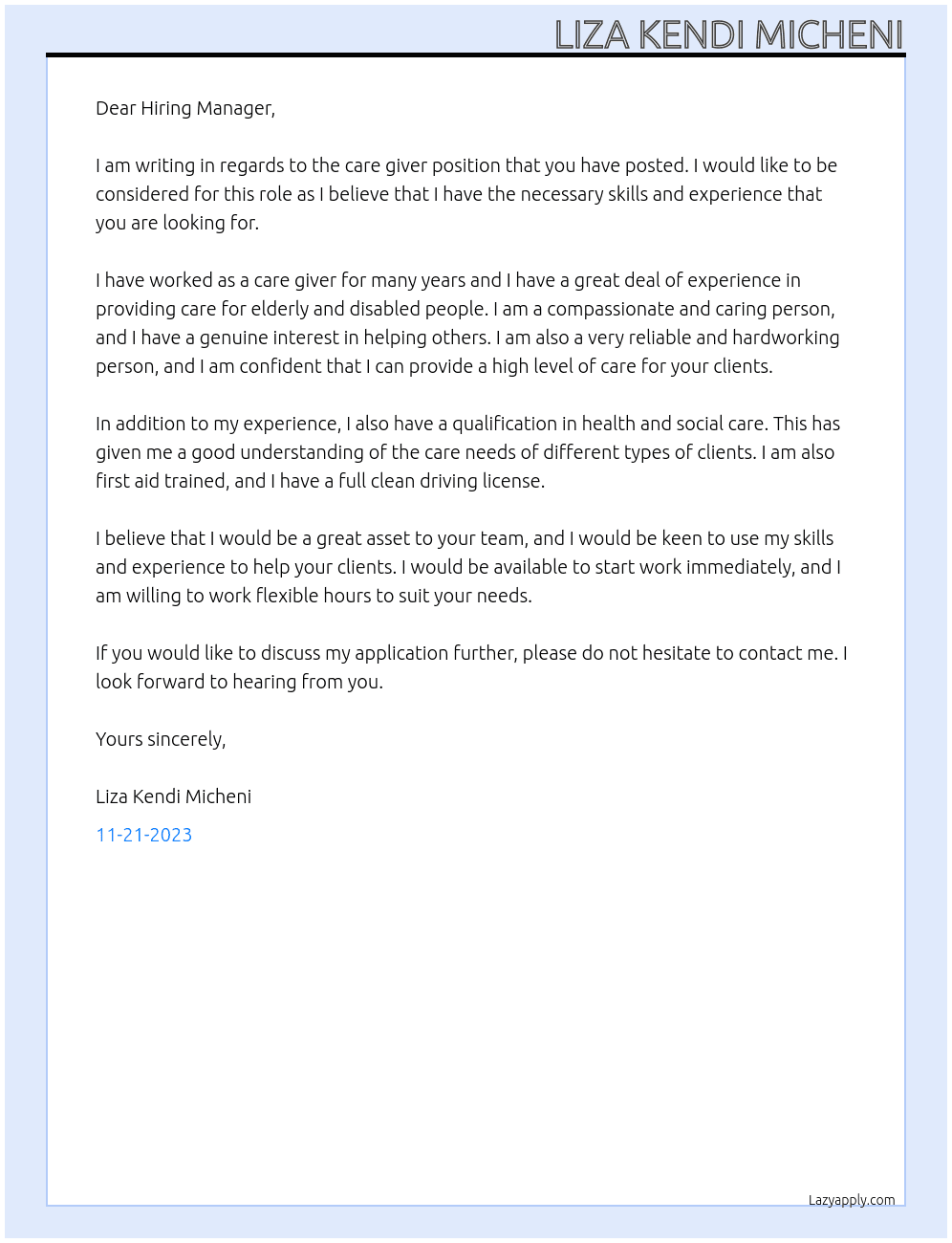 Care giver At Care homes Cover Letter