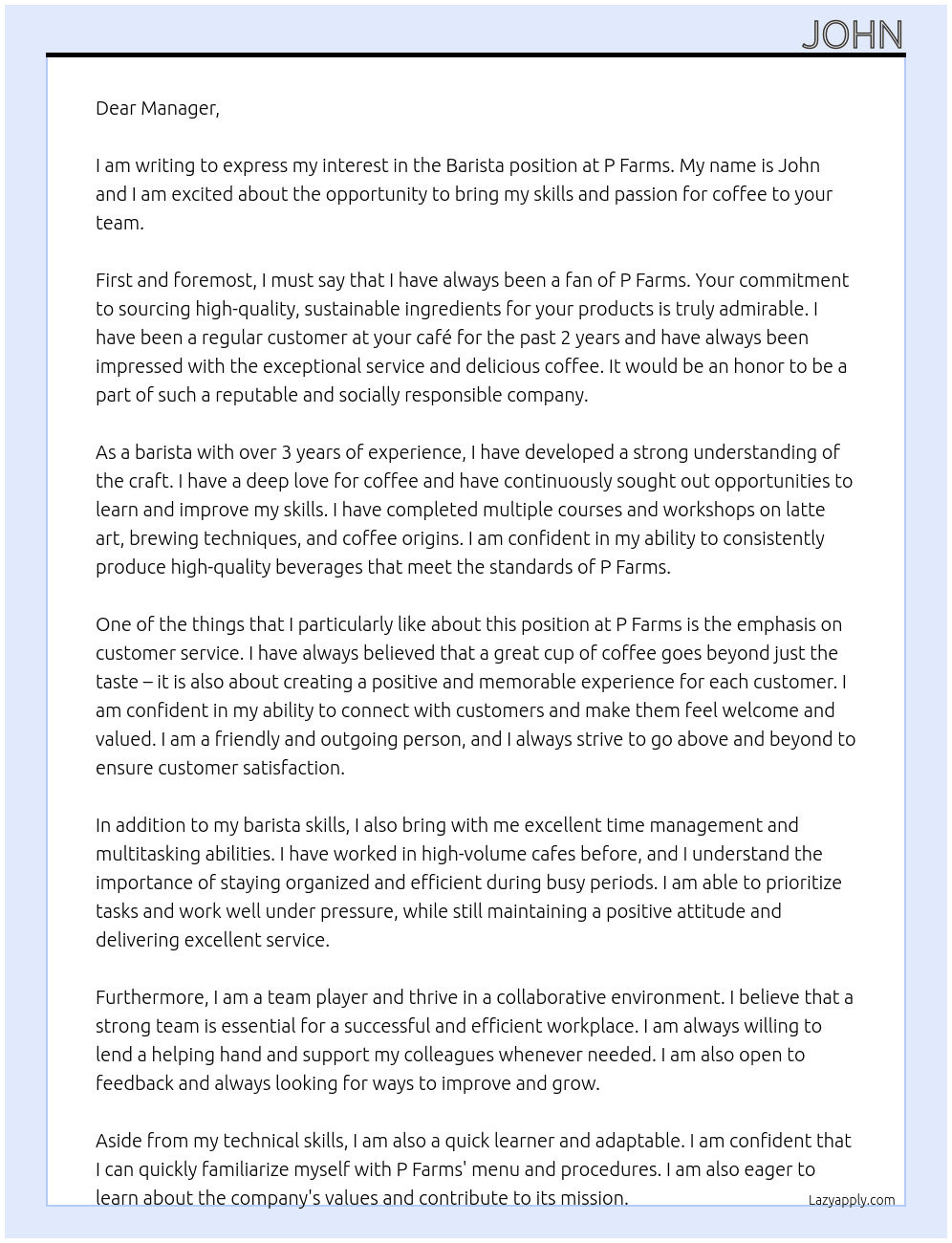 barista At P Farms Cover Letter