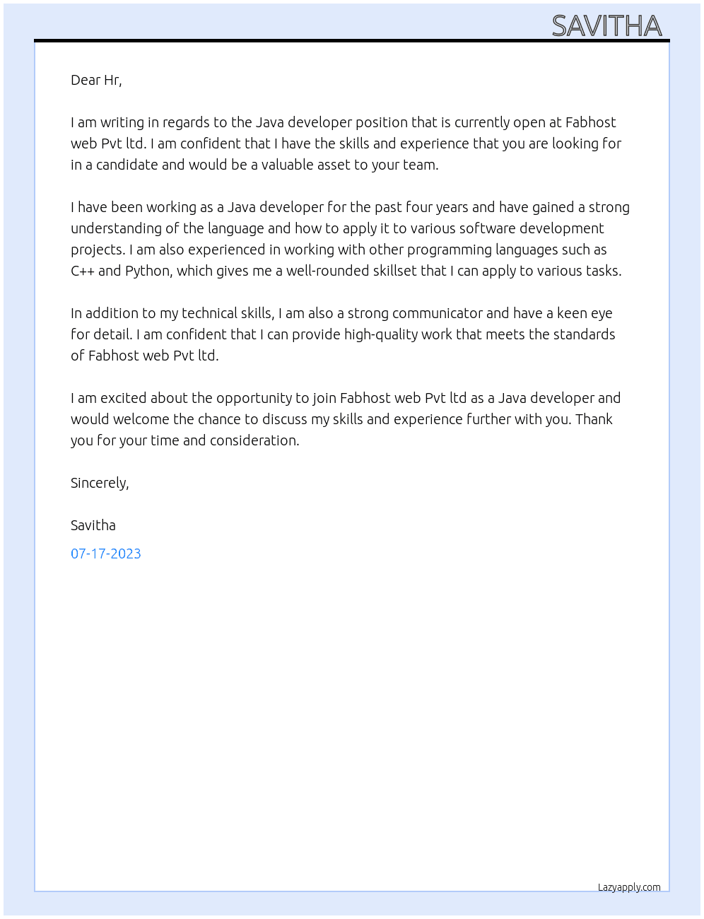 Java developer  At Fabhost web Pvt ltd Cover Letter