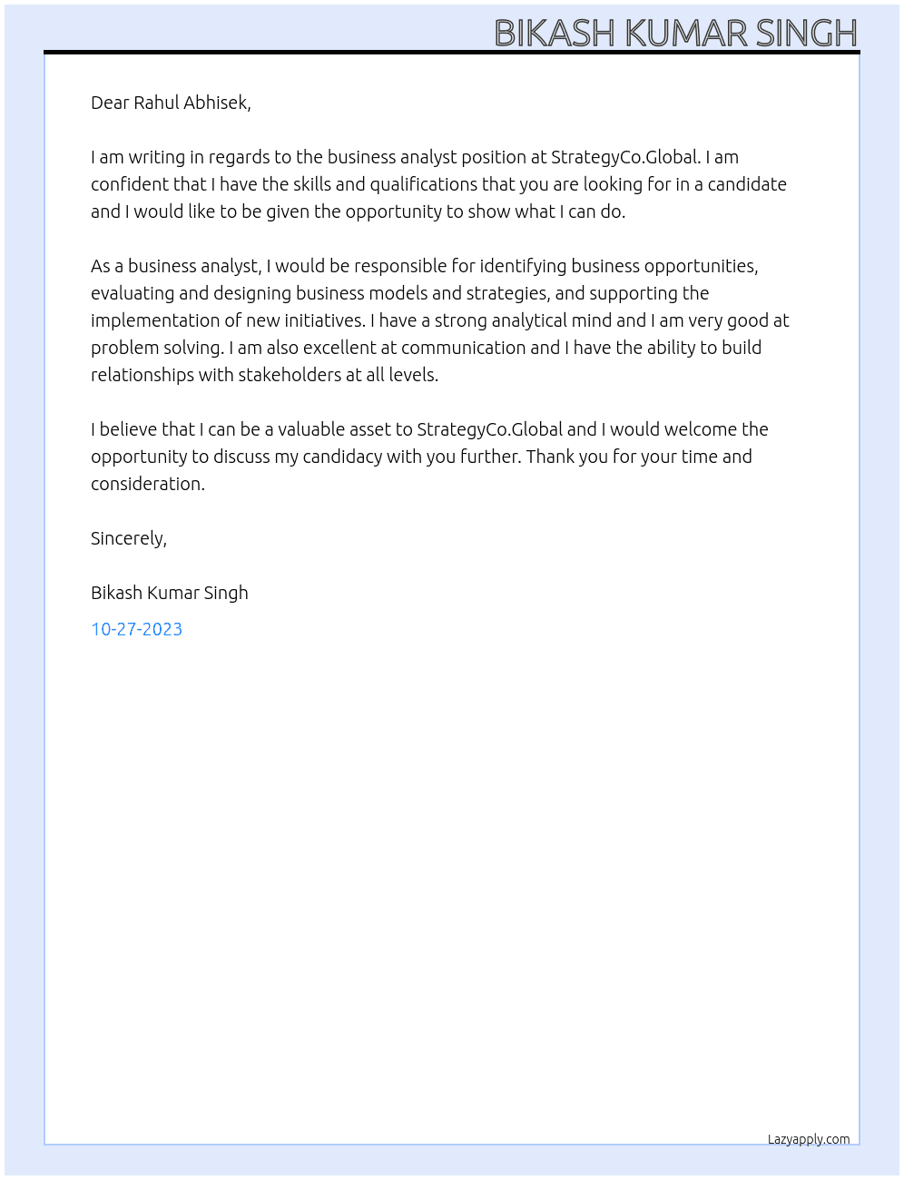 Business analyst  At StrategyCo.Global Cover Letter