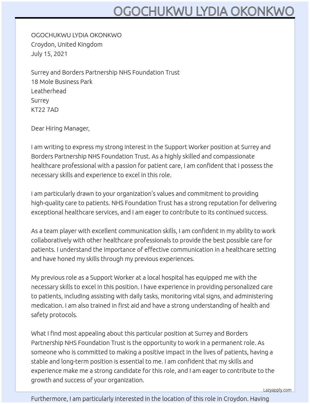 SUPPORT WORKER  At NHS FOUNDATION TRUST Cover Letter