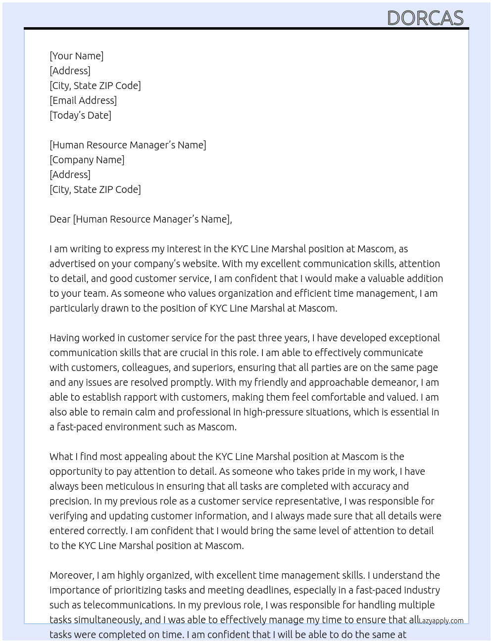 KYC LINE MARSHAL At Mascom Cover Letter