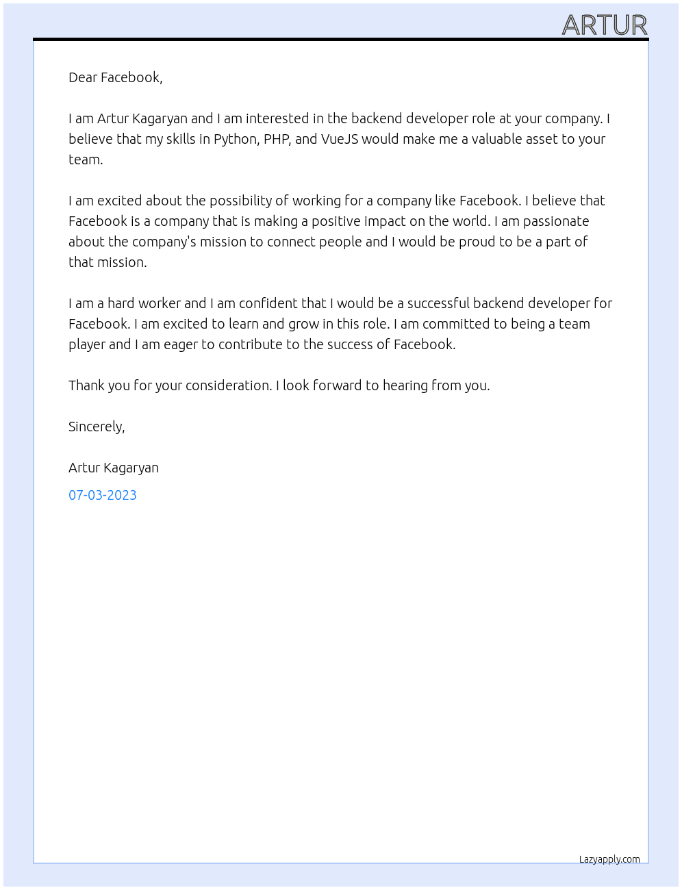 Backend developer At Facebook Cover Letter