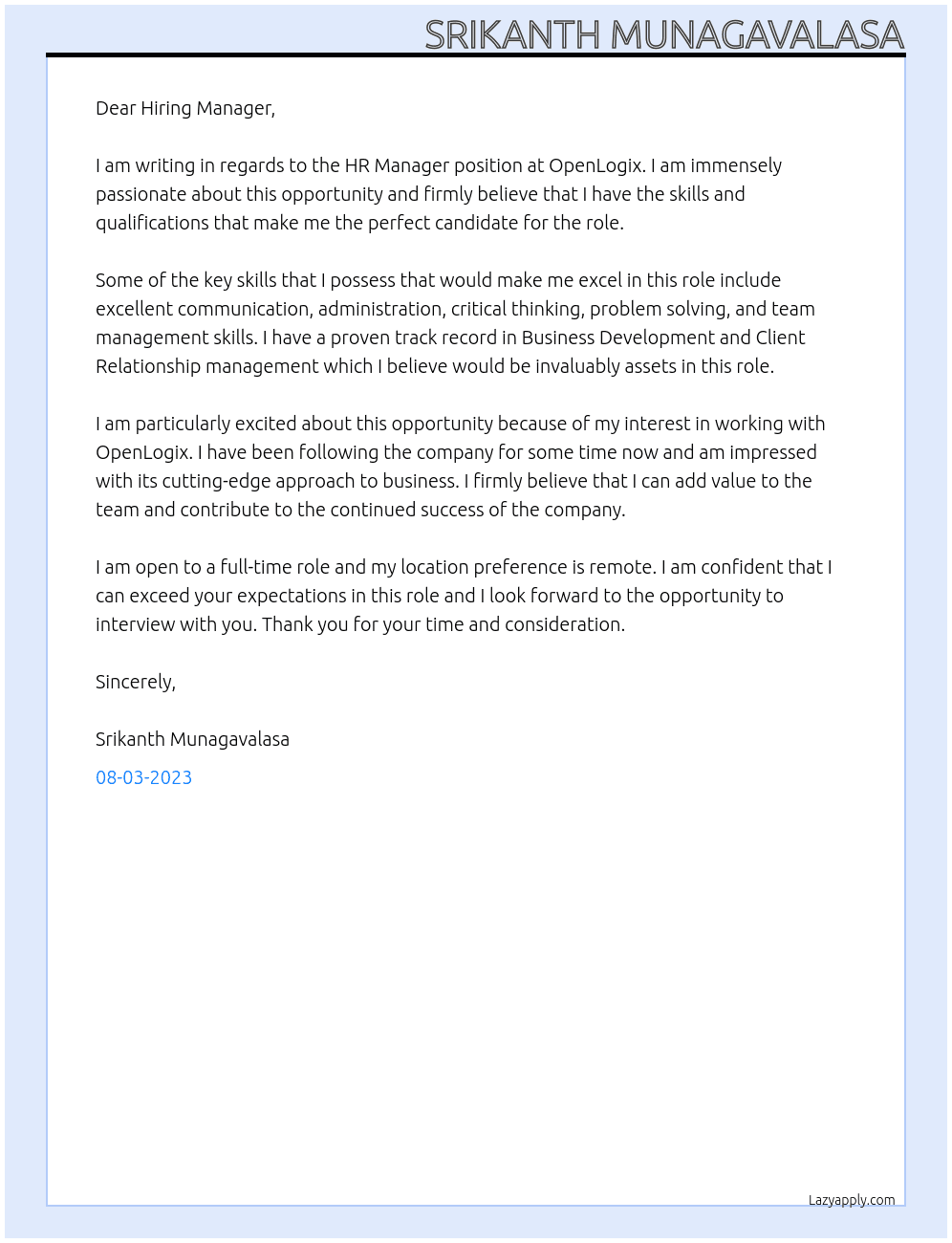 HR Manager At OpenLogix Cover Letter