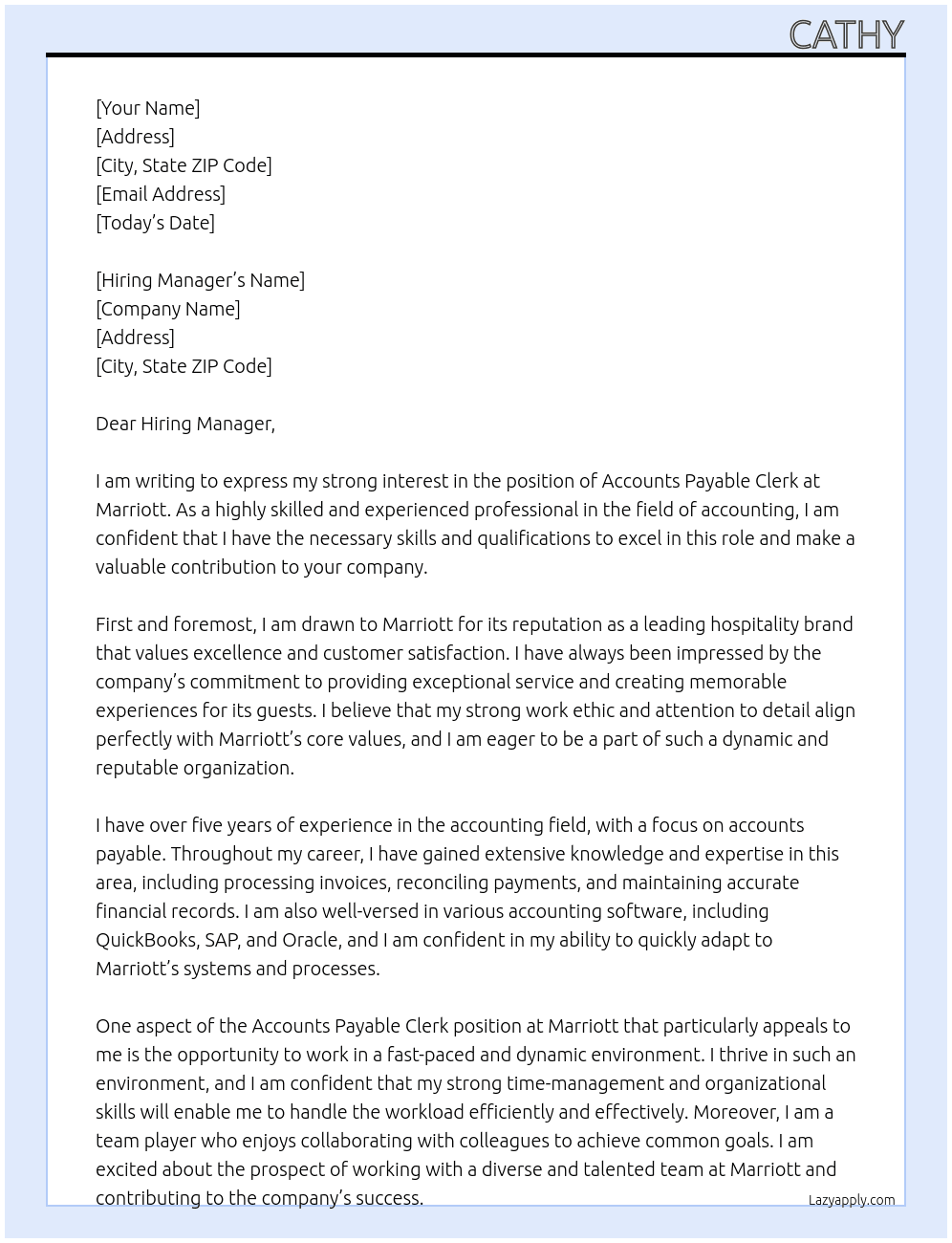 aCCOUNTS PAYABLE CLERK At Marriott Cover Letter