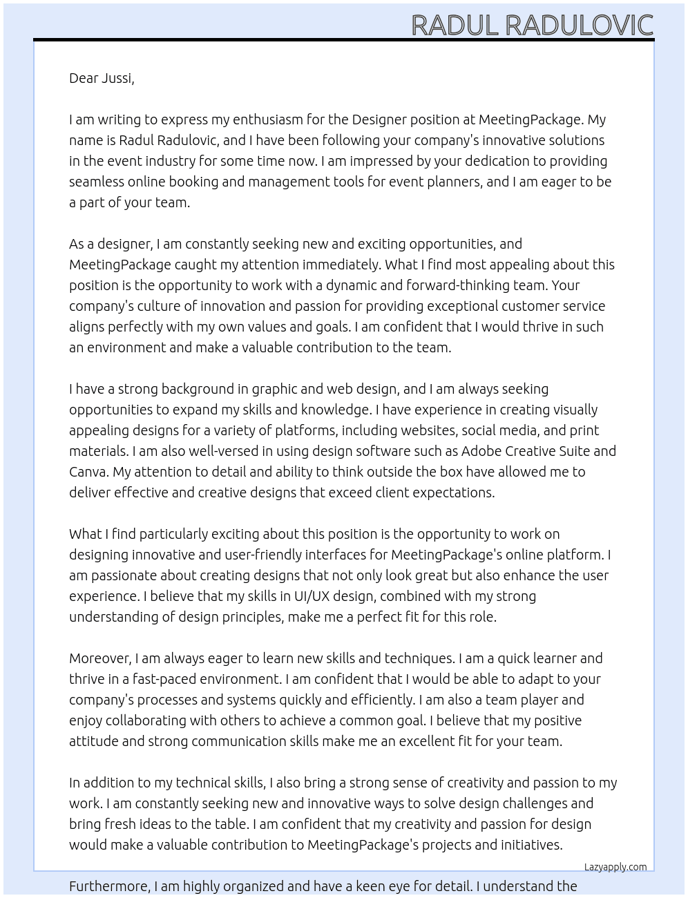 Designer  At MeetingPackage Cover Letter
