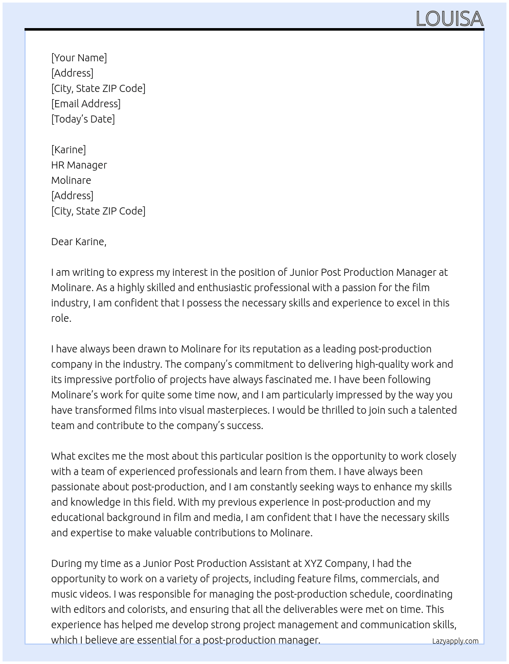 Junior Post Production Manger At Molinare Cover Letter