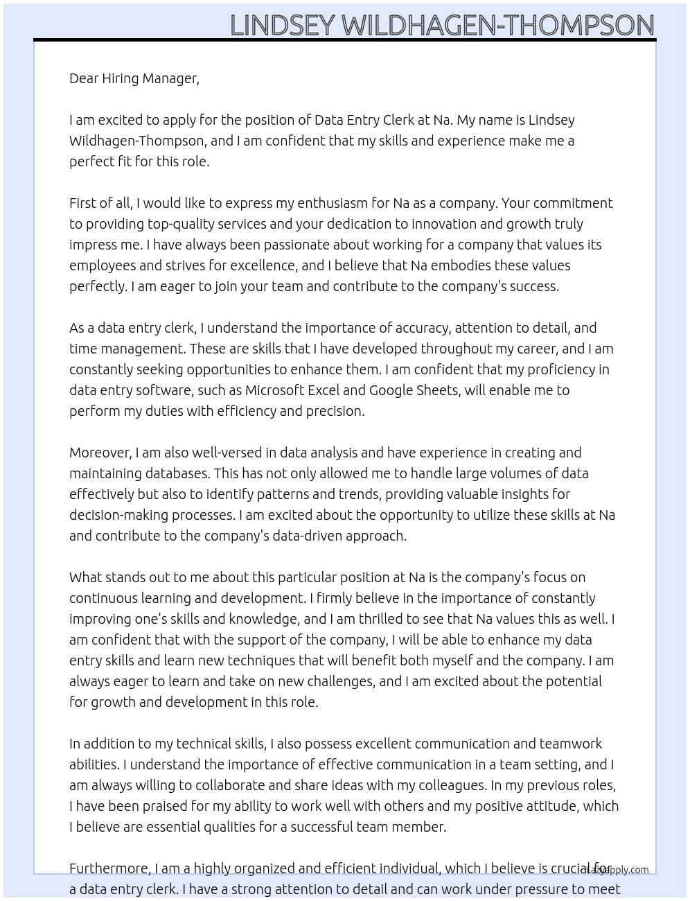 Data entry clerk At Na Cover Letter