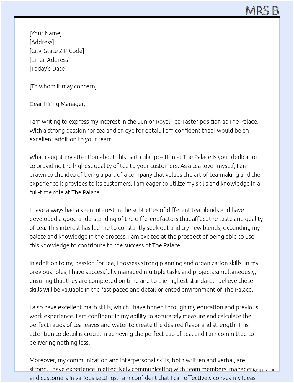 Junior Royal Tea-Taster At The Palace Cover Letter