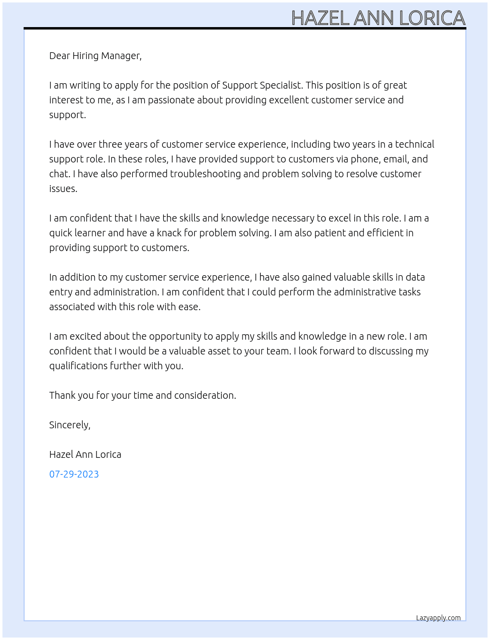 Support Specialist At None Cover Letter